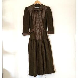 Vintage 80s go Vicki! prairie peasant western dress dark green microfiber